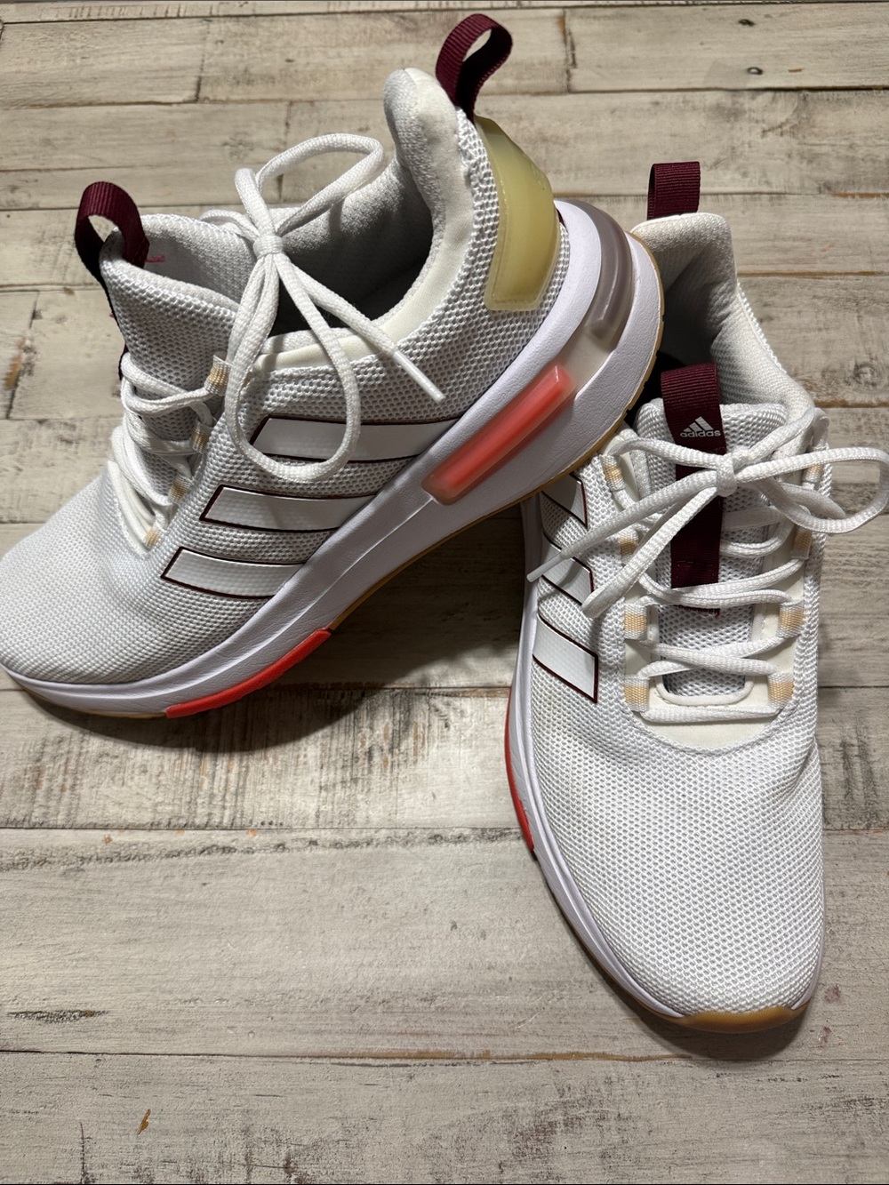 adidas White Sneakers with Maroon & Coral Accents